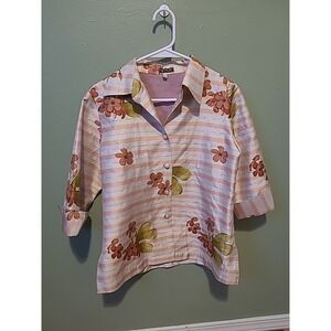 Vintage Thai Silk Floral Pink And White Striped Blazer 100% Silk Size 42‎